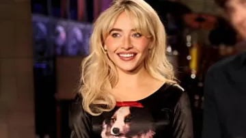 SNL S51 Sabrina Carpenter Dog Printed Dress worn by Sabrina Carpenter in Saturday Night Live