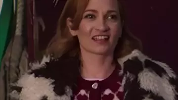 Brassic S07 Joanna Higson Cow Print Fur Coat worn by Joanna Higson as seen in Brassic