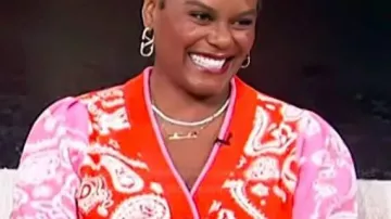Access Hollywood Red Paisley Cardigan worn by Tabitha Brown as seen in Access Hollyood Live