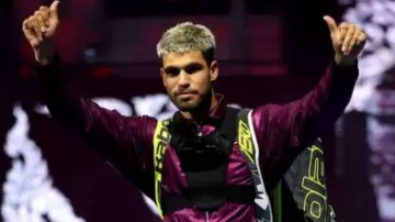 Six Kings Slam Purple Satin Jacket worn by Carlos Alcaraz in Carlos Alcaraz vs Jannik Sinner - FINAL - BEST HIGHLIGHTS | 2025 Six Kings Slam @Netflix