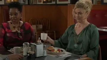 1.State Woven V-Neck Long Wide Sleeve Blouse worn by (Jerri Tubbs) as seen in Beyond the Gates (S01E148)