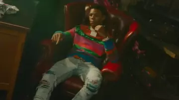 Amiri Sky Indigo & Watercolor Animation Jeans worn by A Boogie wit da Hoodie in A Boogie Wit Da Hoodie - Bleed [Official Music Video]