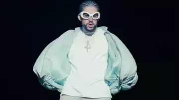Loewe Light Blue Leather Padded Bomber Jacket worn by Bad Bunny in Bad Bunny - WHERE SHE GOES (Video Oficial)