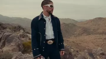 Wales Bonner Navy Studded Delta Jacket worn by Bad Bunny in Bad Bunny - WHERE SHE GOES (Video Oficial)