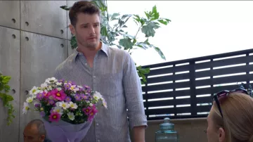 Theory Irving Shirt in Dark Rainstorm/ Eggshell worn by Kyle Abbott ( Michael Mealor) as seen in The Young and the Restless on October 15, 2025