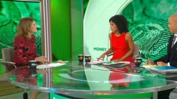 Robe en soie à imprimé anémone Akris Punto portée par Jill Schlesinger, vue dans CBS Mornings le 16 octobre 2025