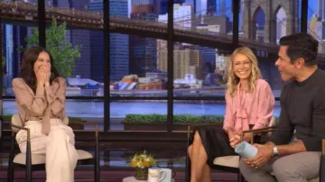 Scanlan Theodore Silk Spot Tie And Shoulder Pad Shirt worn by Jackie Tohn as seen in LIVE with Kelly and Mark on October 21, 2025