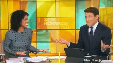 Robe crayon drapée à pois Arias New York portée par Adriana Diaz telle que vue dans CBS Mornings le 22 octobre 2025