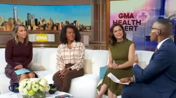 Me + Em High Neck Midi Dress worn by Maggie Rulli as seen in Good Morning America on October 22, 2025