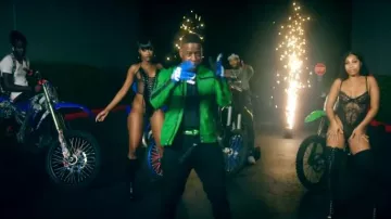 Diesel Neon Green Leather Moto Jacket worn by Blac Youngsta in Moneybagg Yo, Blac Youngsta – Super Hot (Official Music Video)