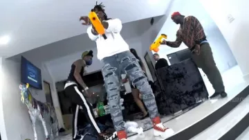 Represent Blue Shredded Distressed Jeans worn by Polo G in Blueface - “Murder Rate” feat. Polo G (Official Music Video - WSHH Exclusive)