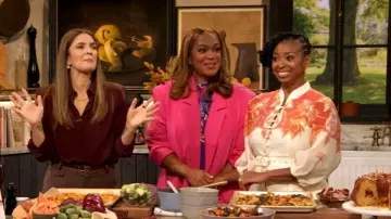 Scanlan Theodore Silk Tie And Shoulder Pad Shirt worn by Drew Barrymore as seen in The Drew Barrymore Show on October 22, 2025