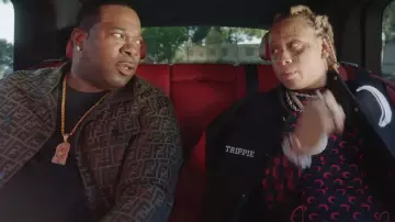 Fendi Brown FF Monogram Denim Jacket worn by Busta Rhymes in Trippie Redd – I Got You ft. Busta Rhymes (Official Music Video)