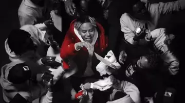 Moncler Red Cuvellier Down Jacket worn by YBN Cordae in Cordae - Super [Official Music Video]