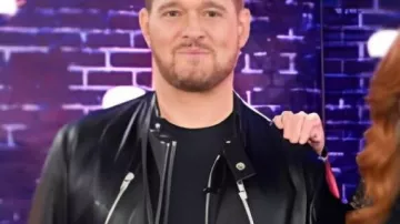 The Voice Black Biker Leather Jacket worn by Self - Coach (Michael Bublé) as seen in The Voice (S28)
