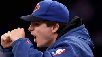 Knicks Playoffs Game Blue Hooded Jacket worn by Timothée Chalamet in TIMOTHÉE CHALAMET SPOTTED IN BOSTON ???? | Knicks Fan Watches Game 5 Playoff Action Live! #nba