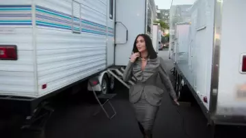 Vivienne Westwood Red Label Pinstripe Ruched Skirt Suit worn by Kim Kardashian as seen in The Kardashians(S07E01)