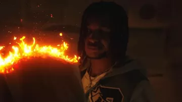 Rhude Blue Denim & Grey Hooded Varsity Jacket worn by DDG in DDG - I’m Geekin Remix (feat. NLE Choppa, BIA) [Official Music Video]