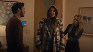 Sezane Viktor Coat in Camel Blue Pink Checks worn by Ryann (D'Arcy Carden) as seen in Nobody Wants This (S02E01)