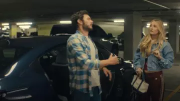 RRL Slim Fit Buffalo Plaid Cotton & Linen Twill Western Snap-Up Shirt worn by Noah Roklov (Adam Brody) as seen in Nobody Wants This (S02E02)