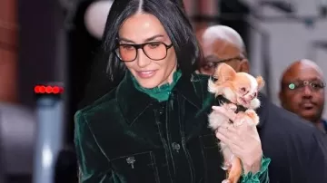 Demi Moore NYC Green Velvet Jacket in Demi Moore seen with our dog flashing hair in Nyc #fashion #dog #nybfw #popstar #shorts #buzz #nyc