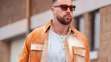 Travis Kelce 2025 Fendi Orange Denim Shirt in Travis Kelce reacts to scoring his 100th career REC TD & tying Chiefs record | SC with SVP