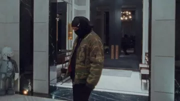 Raf Simons Green Camo Riot! Bomber Jacket worn by Drake in Drake - Toosie Slide (Official Music Video)
