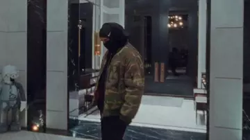 Raf Simons Green Camo Riot! Bomber Jacket worn by Drake in Drake - Toosie Slide (Official Music Video)