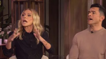 Saint Laurent Shirt in Matte and Shiny Silk worn by Kelly Ripa as seen in LIVE with Kelly and Mark on October 28, 2025