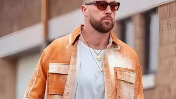 Commanders vs Chiefs 2025 Orange Fendi Denim Jacket worn by Travis Kelce in Travis Kelce reacts to scoring his 100th career REC TD & tying Chiefs record | SC with SVP