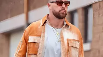 Commanders vs Chiefs 2025 Orange Fendi Denim Jacket worn by Travis Kelce in Travis Kelce reacts to scoring his 100th career REC TD & tying Chiefs record | SC with SVP