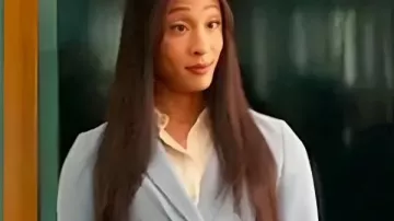 Loot S03 Michaela Jaé Light Blue Asymmetric Belted Jacket worn by Sofia (Mj Rodriguez) as seen in Loot