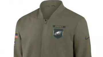Philadelphia Eagles 2025 Salute To Service Bomber Jacket worn by Mark Sanchez in Super Bowl LIX MVP Jalen Hurts takes Broad Street during Parade #shorts