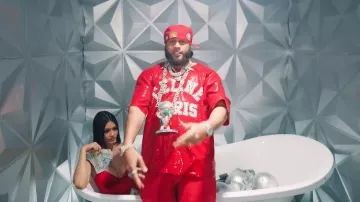 Celine Red Sequin Celine Paris T Shirt worn by El Alfa in El Alfa "El Jefe" Ft. Angel Dior- Un Selfie Con 3 Millones