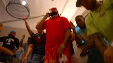 Louis Vuitton Red & White Bandana Monogram Swim Shorts worn by El Alfa in EL ALFA "EL CAPO" ❌ NORIEL ❌ TRUENO - LOS APARATOS ✈️???? #SagitarioTheAlbum