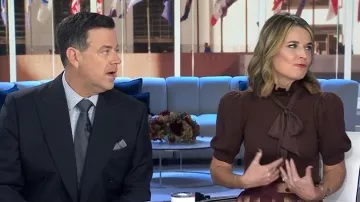 Alice + Olivia Chase Suéter de manga abullonada usado por Savannah Guthrie como se ve en Today el 30 de octubre de 2025