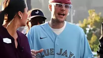 World Series Blue Jersey worn by Justin Bieber in Justin Bieber stuns at the World Series by wearing a Toronto Blue Jays jersey