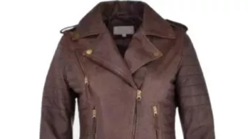 Chaqueta de cuero asimétrica de marrón desgastado para mujer motociclista