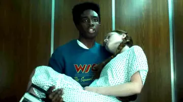 WSQK The Squawks 94.5 FM Logo Sweatshirt worn by Lucas Sinclair (Caleb McLaughlin) in Stranger Things (S05)