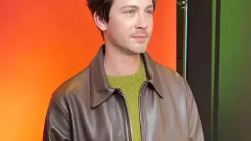 Oh Hi! 2025 Logan Lerman Brown Leather Jacket worn by Isaac (Logan Lerman) in Oh, Hi!