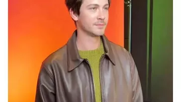 Oh Hi! 2025 Logan Lerman Brown Leather Jacket of Isaac (Logan Lerman) in Oh, Hi!