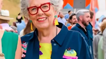 Great British Bake Off S16 Prue Leith Cake Stand Shirt In Navy worn by Self - Judge (Prue Leith) as seen in The Great British Bake Off