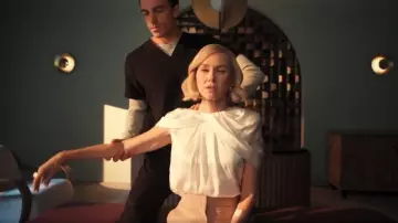 Stella McCartney symmetric Cape Effect Draped Satin Blouse worn by Liberty Ronson (Naomi Watts) as seen in All's Fair (S01E03)