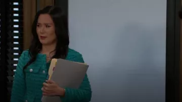 Aqua Flap Pocket Tweed Blazer worn by Caroline Lee (Ellie Wang) as seen in Beyond the Gates (S01E158)