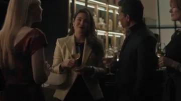 Balmain Gold Cotton Metallic Double Breasted Blazer worn by Sarah Larsen (Melanie Vallejo) as seen in All Her Fault (S01E01)