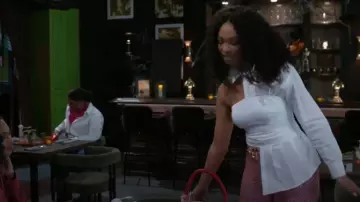 Akira Don't Look At Me Asymmetrical Poplin Blouse worn by Chelsea Hamilton (RhonniRose Mantilla) as seen in Beyond the Gates (S01E160)