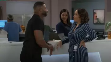 White House Black Market Satin Striped Wrap Dress worn by Dr. Nicole Dupree Richardson (Daphnée Duplaix) as seen in Beyond the Gates (S01E160)