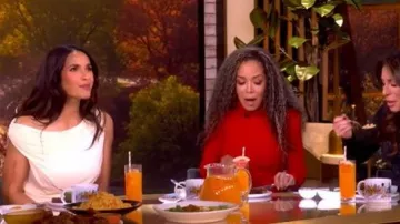 Abadia Gwen Off Shoulder Drape Dress worn by Padma Lakshmi as seen in The View on November 6, 2025