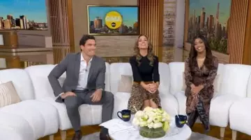 Eliza J Jacquard Leopard Mock Neck 3/4 Sleeve 3/4 Knit Bodice Sweater Sweater Dress portée par Rhiannon Ally comme on le voit dans Good Morning America le 7 novembre 2025