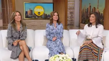 Me + Em Graphic Ribbon Floral Print Midi Dress worn by Rebecca Jarvis as seen in Good Morning America on November 7, 2025